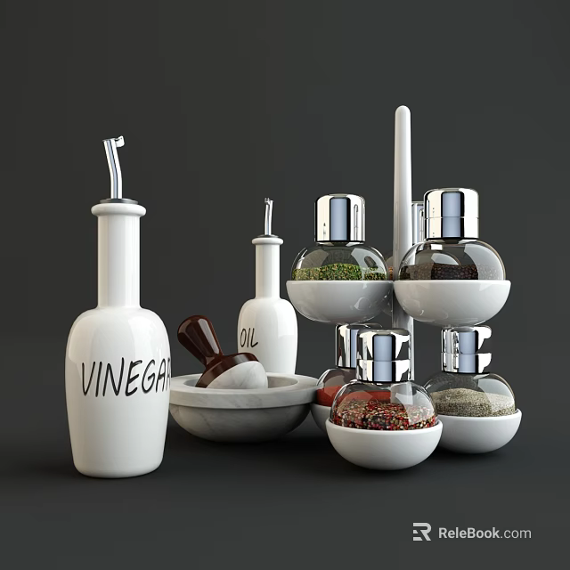Modern White Glass Spice Oil Vinegar Bottles with Silver Lids and Mortar in Kitchen 3d model 