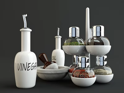 Modern White Glass Spice Oil Vinegar Bottles with Silver Lids and Mortar in Kitchen 3d model