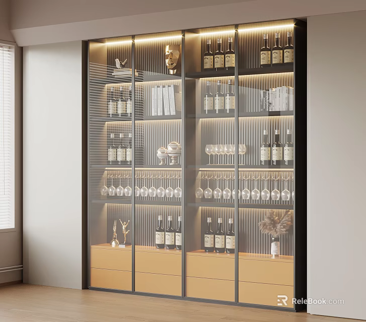 Modern Wine Cabinet with Glass Doors LED Lighting and Wine Bottles Display Shelves 3d model 