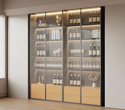 Modern Wine Cabinet with Glass Doors LED Lighting and Wine Bottles Display Shelves 3d model