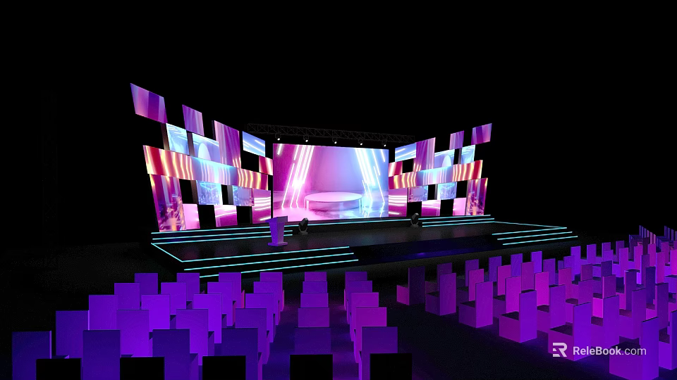 Modern Stage Setup With Colorful LED Panel Screens Purple Lighting And Audience Seats 3d model 
