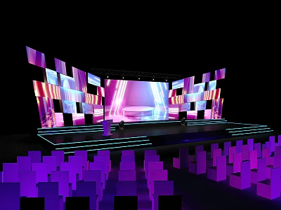 Modern Stage Setup With Colorful LED Panel Screens Purple Lighting And Audience Seats 3d model
