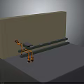 Orange Robotic Arm In Industrial Automation Setup With Green Conveyor Belt And Brown Wall Background