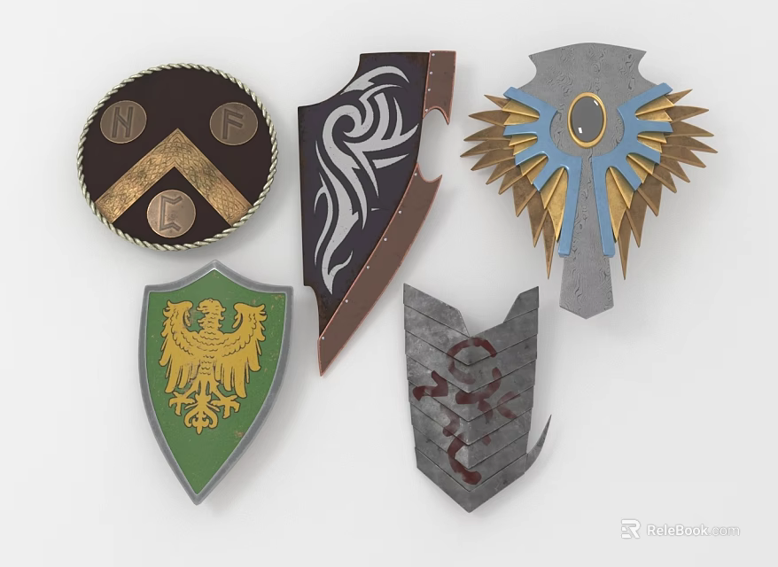 Shield Weapons Featuring Various Decorative Emblems Flame Patterns Eagle Symbols And Ornate Designs 3d model 