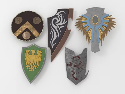 Shield Weapons Featuring Various Decorative Emblems Flame Patterns Eagle Symbols And Ornate Designs 3d model
