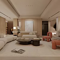 Modern Living Room Interior Design With Beige Curved Sofa TV Wall Shelves And Orange Chairs