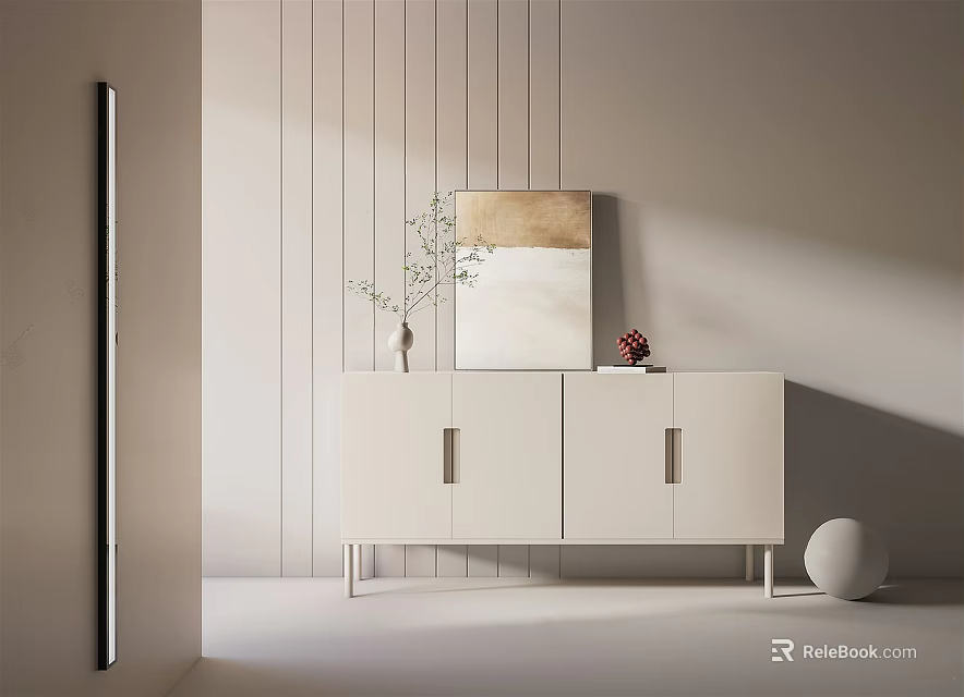 Modern Minimalist Entryway Cabinet Sideboard White With Vase Artwork Against Wooden Striped Wall Bright Lighting 3d model 