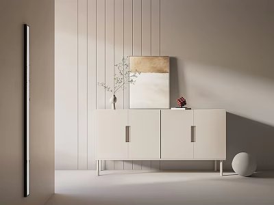 Modern Minimalist Entryway Cabinet Sideboard White With Vase Artwork Against Wooden Striped Wall Bright Lighting 3d model