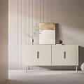 Modern Minimalist Entryway Cabinet Sideboard White With Vase Artwork Against Wooden Striped Wall Bright Lighting