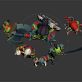 3D Rendered Green Goblin Orc Characters With Axes Swords And Colorful Hats Outfits