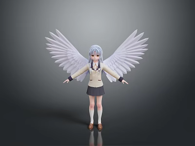 Anime Girl Character With Large White Wings And School Uniform Outfit 3d model