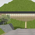 Modern Museum Building With Wooden Structured Roof Grassland Stone Wall And Glass Entrance