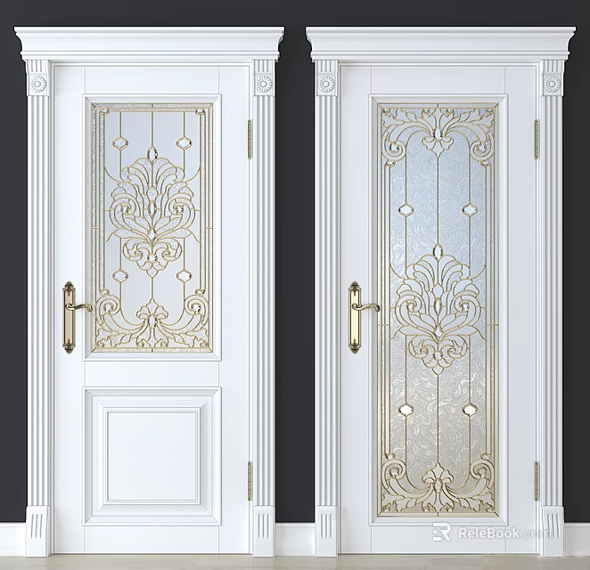 Classic White Hinged Doors With Glass Inserts Ornate Patterns And Golden Handles 3d model