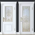 Classic White Hinged Doors With Glass Inserts Ornate Patterns And Golden Handles 3d model