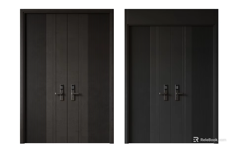 Modern Black Double Doors With Sleek Vertical Lines And Metal Handles 3d model 