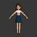 Animated Female Character Wearing Red White Striped Shirt And Blue Denim Skirt With Brown Hair