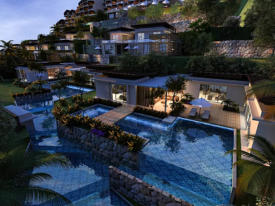 Aerial View Planning For Luxury Hillside Resort With Tiered Pools Lush Greenery And Villas 3d model