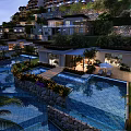 Aerial View Planning For Luxury Hillside Resort With Tiered Pools Lush Greenery And Villas