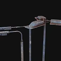 Industrial Equipment Featuring Three Street Light Poles Against Black Background Structure