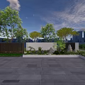 Modern Scenic Feature Wall Design With Green Plants Trees And Stone Pavement