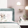 Soft Tones Kids Room Interior With Green Headboard Bed Pillows Dressing Table And Rug