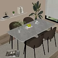 Modern Minimalist Dining Table Set With Light Grey Chairs Marble Top And Green Plants