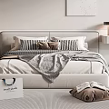 Modern Double Bed With Striped And Pink Pillows Gray Blanket Side Table Lamp And Cushion