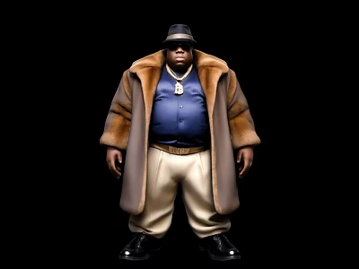 Man Wearing Fur Coat Black Hat Blue Shirt Beige Pants Black Shoes Against Black Background 3d model