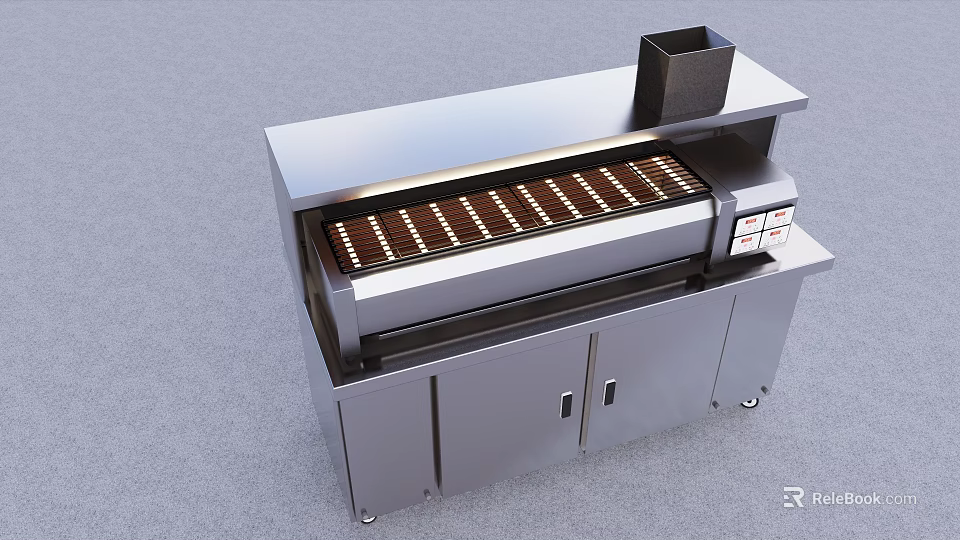 Modern Stainless Steel Kitchen Grill Appliance With Long Grill Surface And Cabinet Doors 3d model 