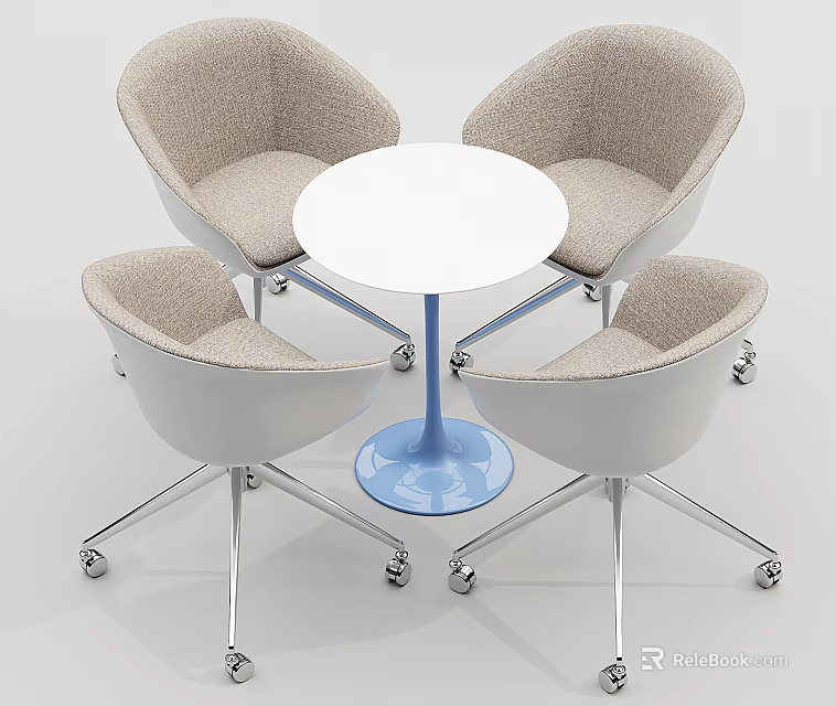 Modern Round Table With Four Swivel Chairs White Top Blue Base Metal Legs 3d model 