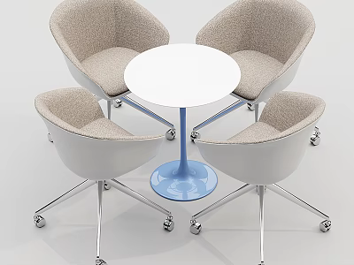 Modern Round Table With Four Swivel Chairs White Top Blue Base Metal Legs 3d model