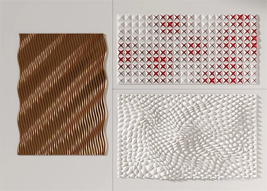 Various Textured Wall Decor with Brown Wavy White Grid and Pebble Like Patterns 3d model 