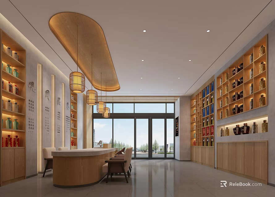 Tobacco and Liquor Store Interior With Wooden Shelves Wine Curved Bar Pendant Lights Large Windows 3d model 