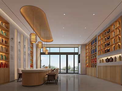 Tobacco and Liquor Store Interior With Wooden Shelves Wine Curved Bar Pendant Lights Large Windows 3d model