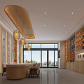 Tobacco and Liquor Store Interior With Wooden Shelves Wine Curved Bar Pendant Lights Large Windows