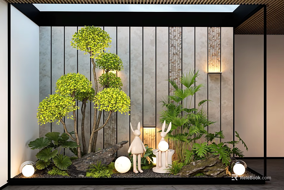 Indoor Landscape Design Featuring Lush Green Plants Rabbit Figurines Stone Wall And Soft Lighting 3d model 