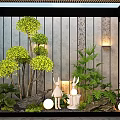 Indoor Landscape Design Featuring Lush Green Plants Rabbit Figurines Stone Wall And Soft Lighting