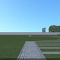 Modern Entrance Gate with Adjacent Building Wall Landscaped Gardens Trees Pedestrians and Nearby Cars