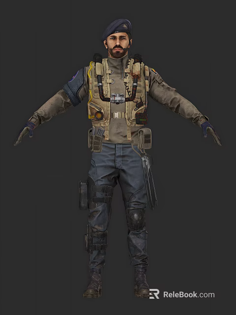 A Man Wearing Tactical Vest Knee Pads Gloves And Utility Pouches In Military Outfit 3d model 