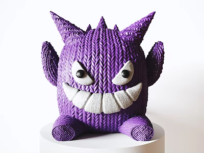 Purple Knitted Doll with Spiky Ears Grinning Face and White Teeth on White Base 3d model
