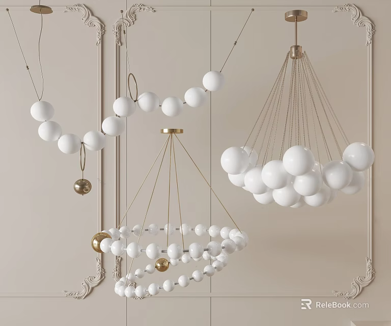 Modern Stylish Chandeliers With White Spherical Balls And Golden Hanging Frames 3d model 