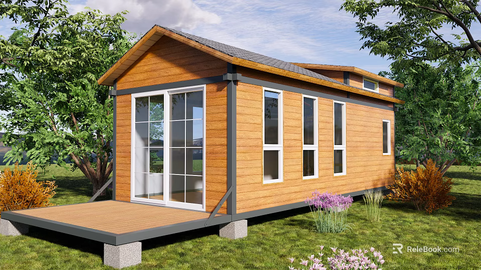 Wooden Cabin Vacation Rental With Front Deck Large Windows And Green Lawn Surrounded By Trees 3d model 