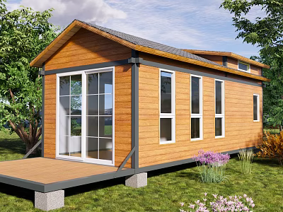Wooden Cabin Vacation Rental With Front Deck Large Windows And Green Lawn Surrounded By Trees 3d model