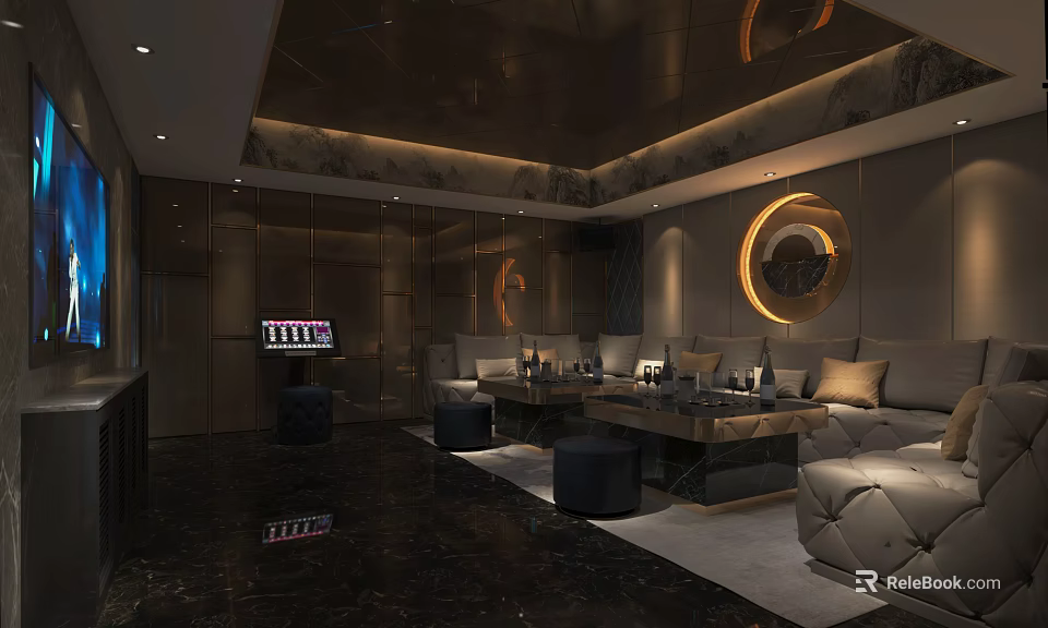 Luxury Modern KTV Interior Design With Comfortable Sofa Coffee Table And Ambient Lighting 3d model 