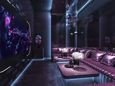 Modern KTV Lounge Interior With Purple Leather Sofa LED Screen And Ambient Lighting 3d model