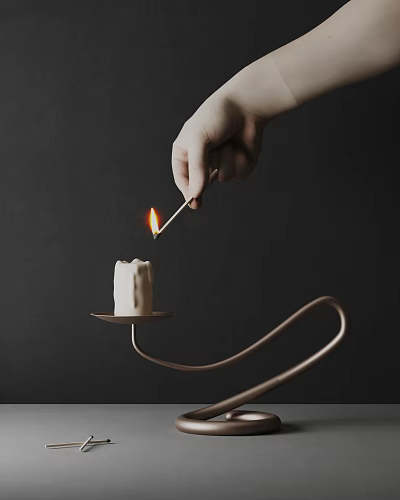 Hand Lighting White Candle On Metal Stand Decorative Ornament Set Against Black Background 3d model