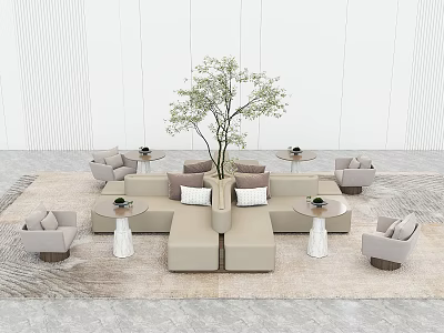 Modern Beige Modular Sofa And Coffee Table Set With Armchairs Tree And Rug 3d model