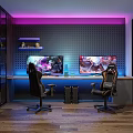 Modern Gaming Room Setup With Dual Monitors Gaming Chairs LED Lights And Shelves