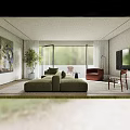 Modern Dining and Living Room Interior With Green Sofa Marble Countertop And Large Windows