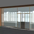 Modern Office Corridor With Glass Doors Wooden Walls Green Plants And Gray Flooring